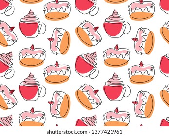 Doughnut and hot drink cup Seamless pattern. Lineart vector illustration with Frosted Traditional Chanukah donuts. Doodle coffee cap, donut background for wallpaper, wrapping, textile, scrapbooking