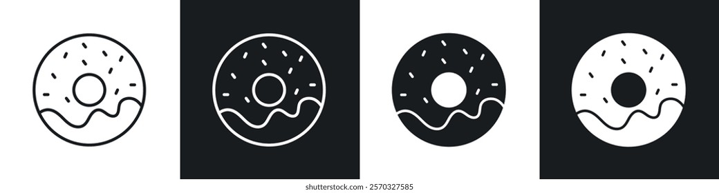 Doughnut icons vectors set in black. line and flat versions