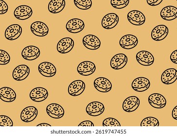 Um padrão de ilustração de rosca com fundo marrom, embalagem de alimentos, menu ilustração mão desenhado anúncios impressos, negócio de alimentos, restaurante
