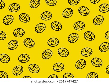Um padrão de ilustração rosca com fundo amarelo, embalagem de alimentos, menu ilustração mão desenhado anúncios impressos, negócio de alimentos, restaurante