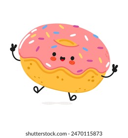 Doughnut jumping character. Vector hand drawn cartoon kawaii character illustration icon. Isolated on white background. Doughnut character concept