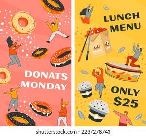 Doughnut Monday, sale and discounts during weekdays. Lunch menu, only twenty five dollars, clearance and offering from shop or cafe. Promotional banner or advertisement. Vector in flat style