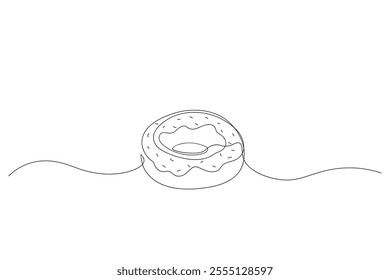 Doughnut one line continuous drawing. Sweet donut with icing and sprinkles, bakery dessert with glaze, sugar toppings. Vector chocolate pastry food set.