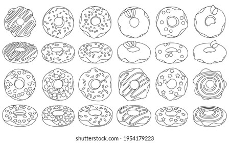 Doughnut outline vector set illustration of icon.Isolated collection illustration outline of donut on white background.Vector set icon of chocolate doughnut.