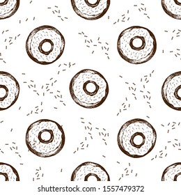 Doughnut. Pattern of sweet donuts. Hand drawn seamless background design of donuts. Dessert, pastry, donuts design for menu, advertisement, poster, cafe banner, bakery, vector illustration