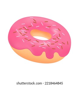Doughnut with pink frosting and sprinkles 3D icon. Sweet three-dimensional donut, delicious snack vector illustration on white background. Desserts, food, bakery, pastry concept