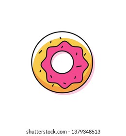 Doughnut with pink glaze from above. Simple line icon.