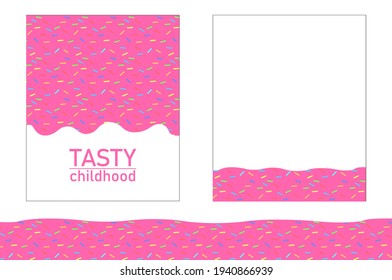 Doughnut pink glaze with topping. Sweet donut cream. Seamless pattern. Vector 8 eps. Seamless wide pink candy background with decorative sprinkles. Cover, card, wallpaper, card, notebook, copybook