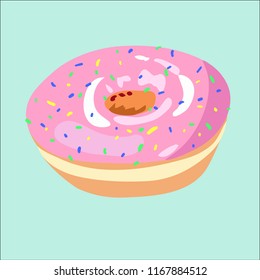 Doughnut with pink icing and multi colored sprinkles on a light green background.