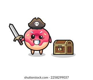 the doughnut pirate character holding sword beside a treasure box