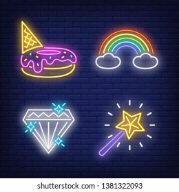 Doughnut, rainbow, diamond and magic wand neon signs set. Fairy tale, magic, childhood design. Night bright neon sign, colorful billboard, light banner. Vector illustration in neon style.