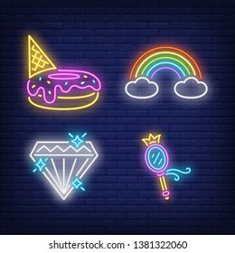 Doughnut, rainbow, diamond and mirror neon signs set. Fairy tale, magic, childhood design. Night bright neon sign, colorful billboard, light banner. Vector illustration in neon style.