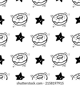 Doughnut seamless pattern. Hand drawn Sketch of doughnut. Fast food illustration in doodle style. Donut illustration.