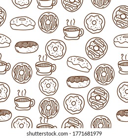 Doughnut seamless vector pattern draw in doodle style with brown color suitable for background or wallpaper 