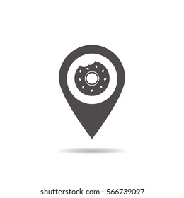 Doughnut shop location icon. Drop shadow map pointer silhouette symbol. Donut pinpoint. Doughnut store nearby. Vector isolated illustration