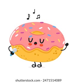 Doughnut sings into a microphone character. Vector hand drawn cartoon kawaii character illustration icon. Isolated on white background. Doughnut character concept