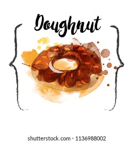 Doughnut sketch and watercolor illustration. Fast food. Hand drawn sketch.