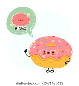 Doughnut with speech bubble and brain character. Vector hand drawn cartoon kawaii character illustration. Isolated white background. Doughnut poster and brain