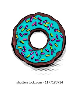 Doughnut sweet food, donut cartoon pop art style. Vector colored illustration isolated white halftone pattern. Vintage retro design. Comic book bakery glazed crumpet poster.