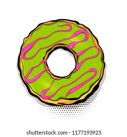 Doughnut sweet food, donut cartoon pop art style. Vector colored illustration isolated white halftone pattern. Vintage retro design. Comic book bakery glazed crumpet poster.