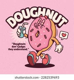 Doughnut Trendy Retro Cartoon Vector Hand Drawn 