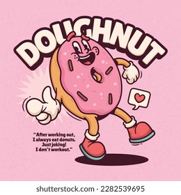 Doughnut Trendy Retro Cartoon Vector Hand Drawn 