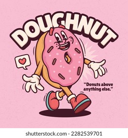 Doughnut Trendy Retro Cartoon Vector Hand Drawn 