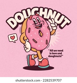 Doughnut Trendy Retro Cartoon Vector Hand Drawn 