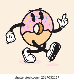 Doughnut Trendy Retro Style Cartoon Hand Drawn Vector Donut Vintage 90s 70s Cartoon Character Doughnut Vector Illustration