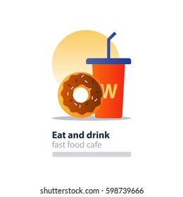 Doughnut and tumbler glass with straw, fast food cafe concept, sweet donut with frosting and sprinkes, vector flat design illustration