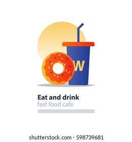 Doughnut and tumbler glass with straw, fast food cafe concept, sweet donut with frosting and sprinkes, vector flat design illustration