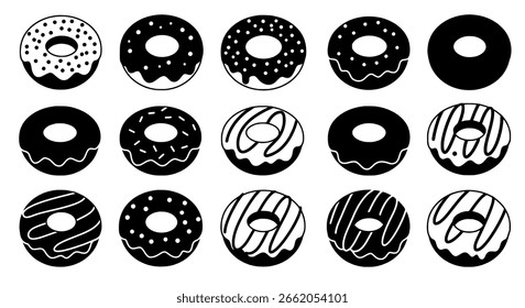 Ícone de vetor de rosca definido com doces variados em silhueta preta sólida e estilos de contorno simples para temas de padaria.