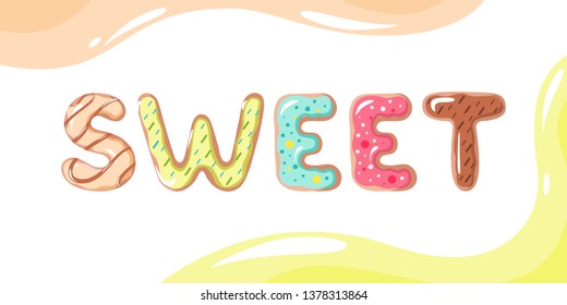 Doughnut word on white background. Sweet vector alphabet. Tasty lettering with bright colors. 