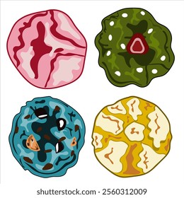 The doughnuts are all different sizes and have different toppings