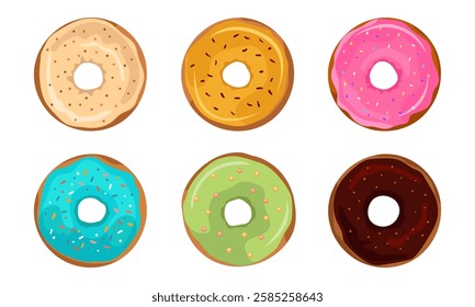 Doughnuts with different glazes and sprinkles. Chocolate, fruit and caramel glaze Sweet pastries, dessert, confectionery Vector illustration donut icon on white background