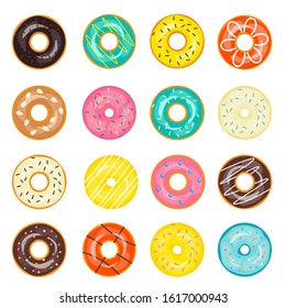 A doughnuts or donuts, isolated icons set, vector illustration. Dessert food. Pink, chocolate and other donut types