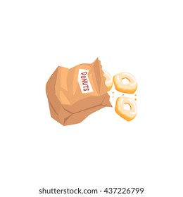 Doughnuts Falling Out From Paper Bag Flat Simplified Colorful Vector Illustration Isolated On White Background