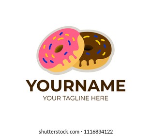 Doughnuts in glaze, donuts and delicious sugary dough rings, logo template. Sweet dessert, food and confectionery, vector design, illustration