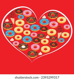 Doughnuts and icecream arranged in red heart shape; chocolate flavor; vanilla, blueberry flavours