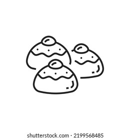 Doughnuts with jam, sufganiot isolated line art cookies. Vector Jewish Hanukkah donut sufganiyah