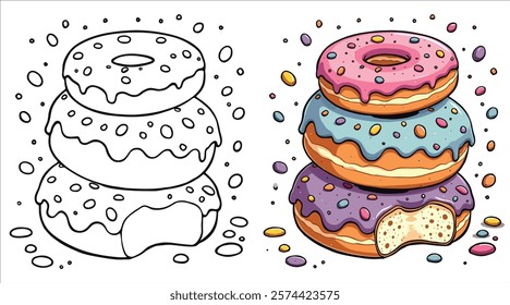 Doughnuts Line Art Vector Illustration Black and White with Coloring Sample. Bold and Easy Food, Fruits, Sweets, Drinks, Dessert, and Snacks Coloring Pages for Adults and Kids