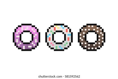 Doughnuts logo pixeled. Three doughnuts on the white background. Pink, white, brown.