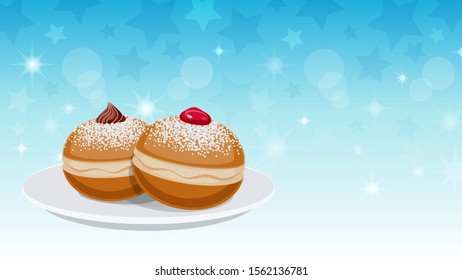 Doughnuts on a shiny blue background. Design template for Jewish holiday Hanukkah. Winter holiday background.