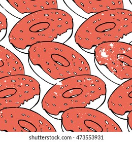 Doughnuts with red glaze. Doodle illustration. Seamless texture. Repeated pattern. 