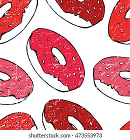 Doughnuts with red and pink glaze. Doodle illustration. Seamless texture. Repeated pattern. 