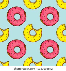 Doughnuts seamless pattern. Bright cartoon illustration for children's greeting card design, menu, fabric and wallpaper.