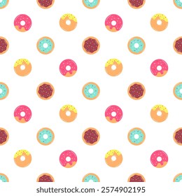 Doughnuts Seamless Pattern isolated. Cafe, Bakery menu cover template. Buns with different icings and sprinkles. Geometric Vector cover, print, wrapping, wallpaper, phone cases, children textile