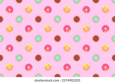 Doughnuts Seamless Pattern on pink Background. Cafe, Bakery menu cover template. Bright background with chocolate, strawberry and pistachio donuts. Geometric Vector cover, banner, print, wrapping