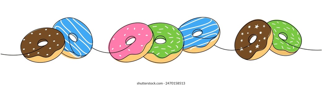 Doughnuts set. Take away donuts one line colored continuous drawing. Bakery sweet pastry food. Vector linear illustration.