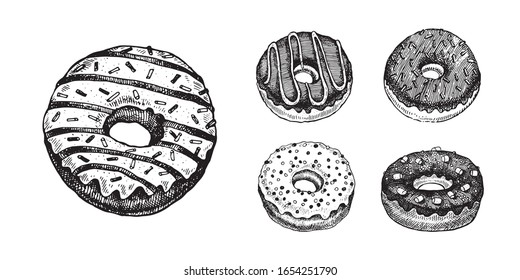 Doughnut, conjunto de imágenes vectoriales. Gráficos vectoriales para etiquetas, menús, diseño de envases, publicidad, diseños interiores y señalización de servicio alimentario
